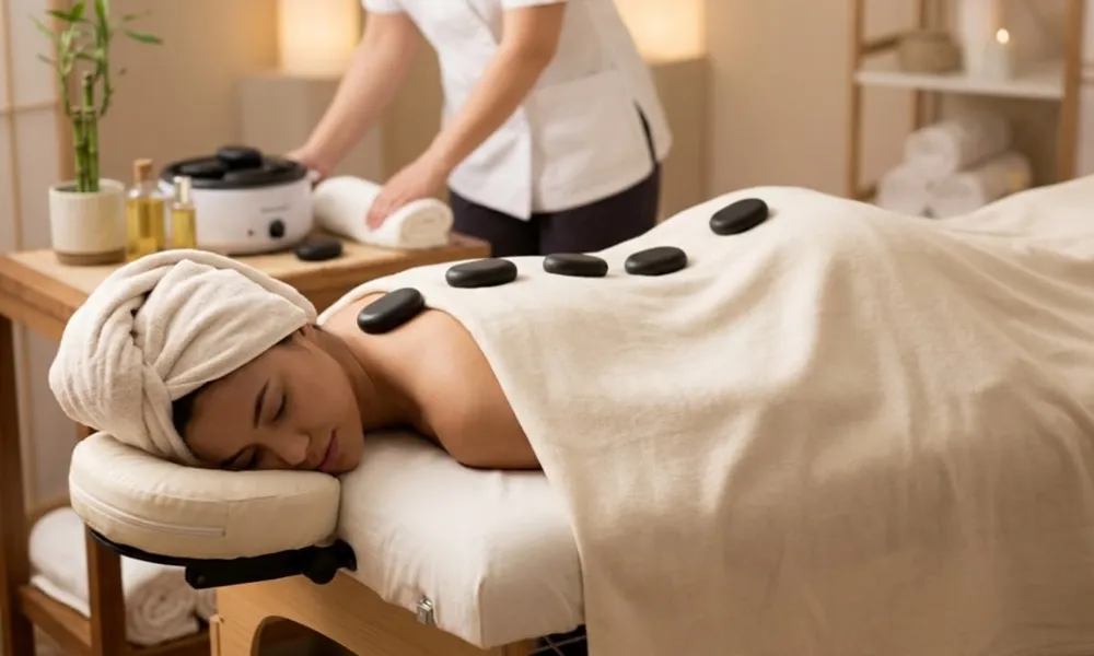 Hot stone massage with warm stones placed along the back