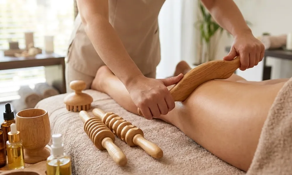 Lymphatic madero massage using contoured wooden tools