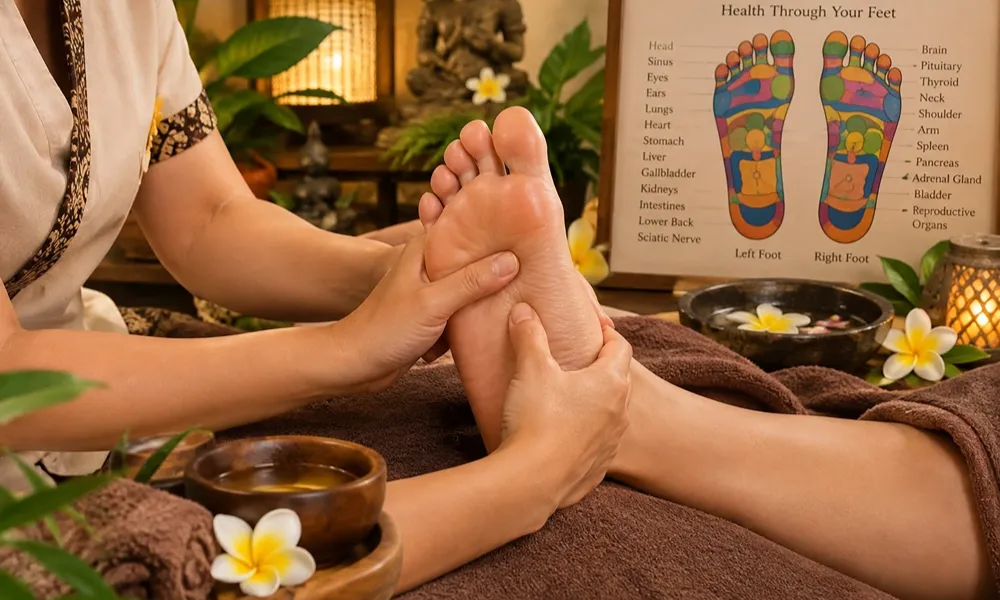 Foot reflexology treatment with pressure applied to the foot